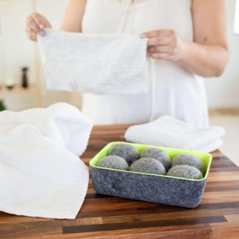 Three by Three Seattle Felt·Like·it!™ XL Wool Dryer Balls + Storage Bin: Reduce Drying Time, Static Cling, and Energy Use | Natural Alternative to Fabric Softeners | (Pack of 3 Grey Dryer Balls)