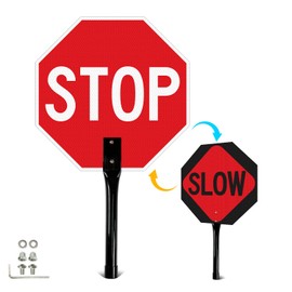 T&R (1 Pack) Stop Slow Sign with Handle, 13 x 13 Inches Double Sided Stop/Slow Traffic Sign, Rust Free Aluminum Reflective, Weather Resistant, Waterproof, Fade Resistant, Easy to Mount.