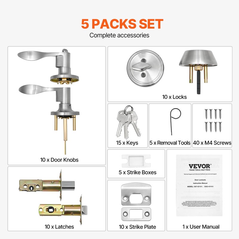 VEVOR Entry Door Locksets with Deadbolt, 5 Pack Satin Nickel