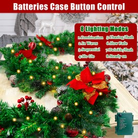 9FT Christmas Garland with 100 Lights Battery Operated,Artificial Pine Garland with Red Balls,Pine Cones,Cedar Branches,for Christmas Decorations Outdoor Indoor Holiday Home Fireplace Decor-Gift Box