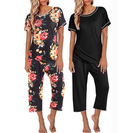 Ekouaer Pyjamas for Women Short Sleeve 3/4 Capri Pants with Pocket Nightwear for Women Lounge Wear Sets for Women Uk, Flowers3+Black, M