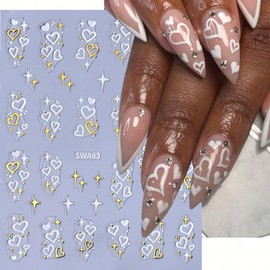 6 Sheets Valentines Day Nail Art Stickers 3D Self Adhesive Nail Design Stickers Gold Silvery Heart Nail Stickers Supply White Black French Tip Nail Decals for Women DIY Manicure Heart Nail Decoration