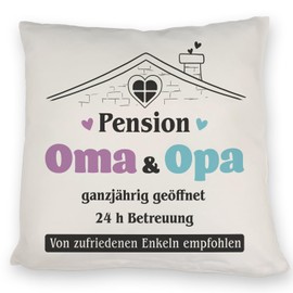 speecheese Pension Oma & Grandpa Cushion with Saying "Von zufriedenen Enkeln empfohlen Ein DekoKissen für die Großeltern Motiv KuschelKissen Enkel Herzen Bettbettvollem Kissen Bettvoll Cushion Cover