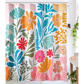 RoomTalks Cute Colorful Floral Faux Linen Shower Curtain Funky Aesthetic Bathroom Decor - Heavy Duty Modern Abstract Matisse Blue Pink Flowers Plants Botanical Shower Curtain Set