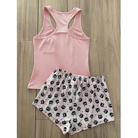 MakeMeChic Women's 2 Piece Pajamas Cartoon Cat Graphic Tank Top and Shorts PJ Lounge Set, Dusty Pink, X-Large