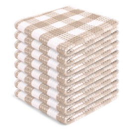 Blue Needles Waffle Weave Check Plaid Dish Cloths, 12x12 Inches 100% Cotton Set of 8 Dish Towels for Kitchen, Ultra Soft & Absorbent Kitchen Towels for Quick Drying Spring Summer - Beige & White