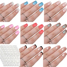 192 Pcs Short Square Press on Nails, Acrylic Full Cover Fake Nails with 8 Designs: French, Ombré & Chrome Glitter Tips, Sparkling Reusable