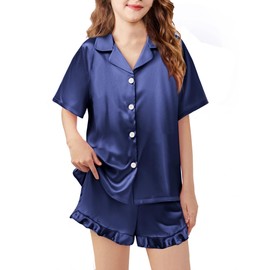 Arshiner Girls Pajamas Silk Satin Pajama Set 2 Piece Button Down Pjs Ruffle Sleepwear Navy 7-8 Years