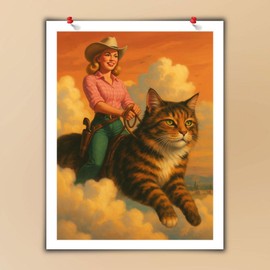 Herding Cats Canvas Wall Art – Surreal Cowgirl Riding Cat Print, Retro Western Art for Unique Home or Trendy Room Decor 12x16inch-Unframed