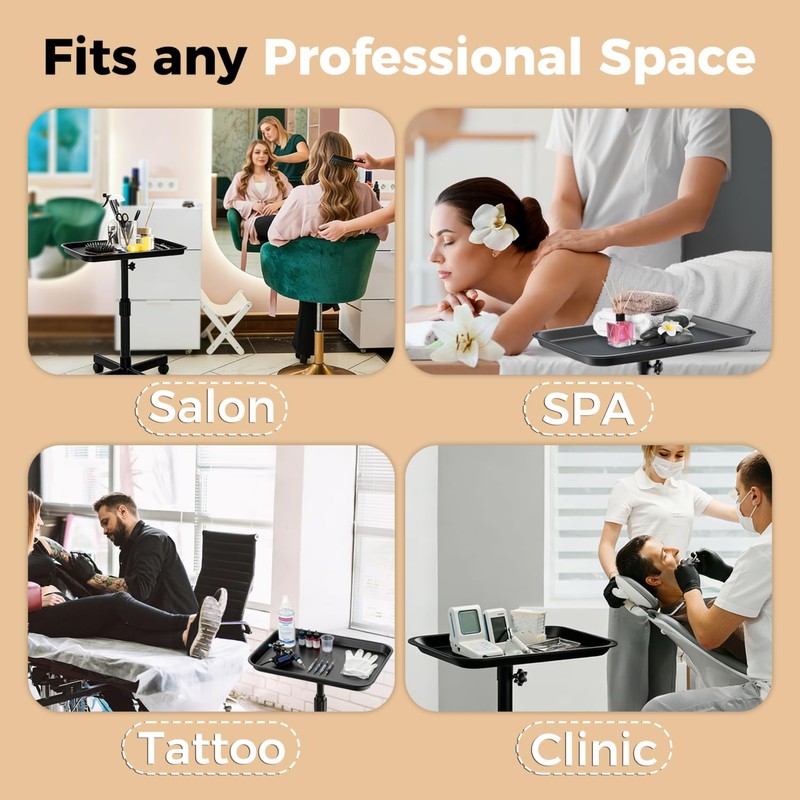 36" Salon Tray on Wheels Black, Adjustable Height Tattoo Tray