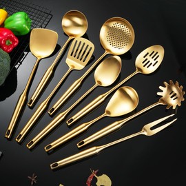 NIITAWH Gold Kitchen Utensils Set Stainless Steel, 9 PCS All Metal Cooking Utensils Set with Solid Spoon, Slotted Spoon, Fork, Spatula, Ladle, Skimmer, Slotted Tunner, Spaghetti Spoon, Large Spoon