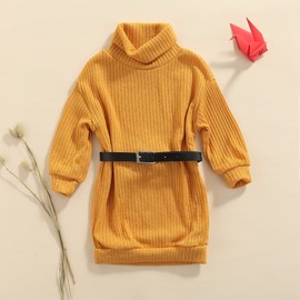 GOOCHEER Little Toddler Baby Girl Outfits Turtleneck Knit Sweater Dress Kids Solid Ribbed Long Sleeve Dresses +Belt Fall Clothes (A-Yellow, 6-7 Years)