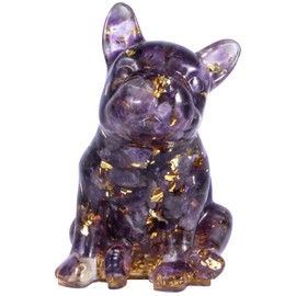 Nupuyai Amethyst French Bulldog Carved Crystal Animal Statue Ornament, Energy Healing Stone Pocket Figurine Resin Home Office Decor