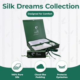 Pure Tranquility Silk dreams Collection:Silk Dreams Gift & Travel luxury set included: premium 22 momme, 6 grade, and 100% pure mulberry silk pillowcase, sleep mask, 2 scrunchies and travel bag.