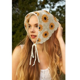 AWOCAN 2PCS Women Triangle Scarf Crochet Flower Knitted Boho Floral Headscarf Pastoral Retro Scarf Streamer Head Bands (A)