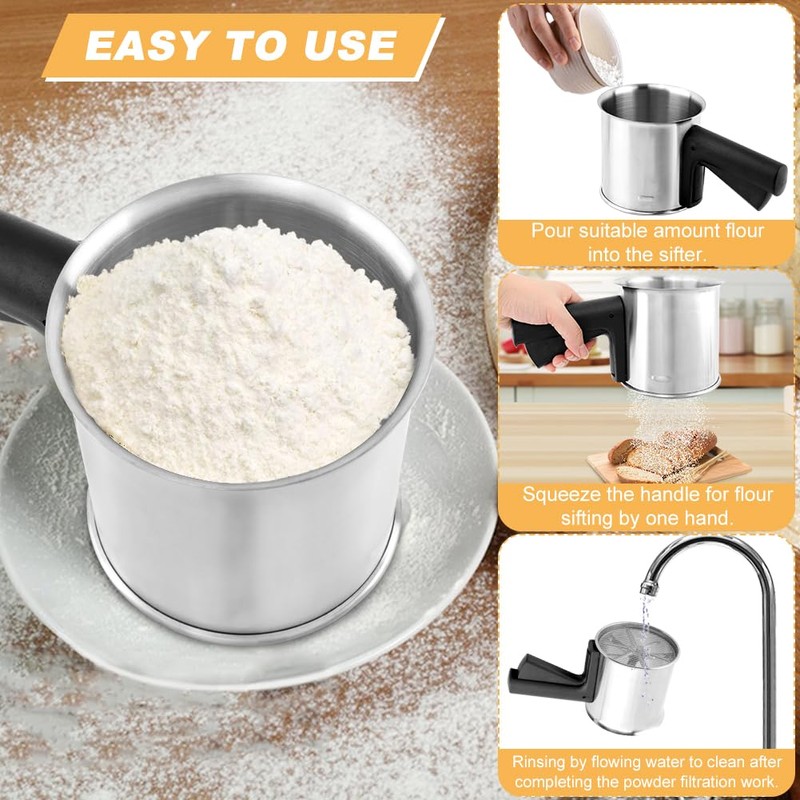 Kitchen Flour Sifter for Baking, 3 Cup Stainless Steel Flour