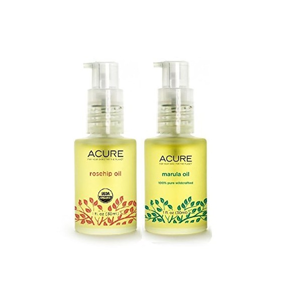 Acure Organics The Essentials Rosehip Oil and Pure Wildcrafted Marula Oil with Powerful Antioxidants and Vitamin E, Natural Healing For Dry Or Damaged Skin, 1 Ounce Each