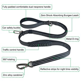 Misthis Bungee Dog Leash - 4-6FT Dog Leash Reflective Dog Walking Leash with Car Seat Belt Buckle for Medium and Large Dogs Durable 2 Padded Handles (Black)