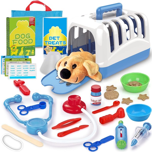 STAY GENT Pet Care Toy Vet Role Play Doctors Set for Kids, 29 Pcs Pretend Play Kit for Feeding and Treating Carrier Examine Plush Puppy Dog Vet Learning Gifts for Children Boys Girls 3 4 5 6 Years Old