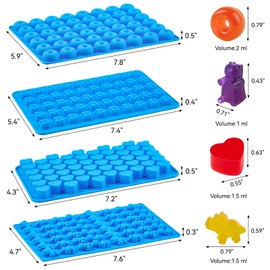 Puyeipt 4 Pcs Silicone Gummy Candy Molds, 201 Cavities Non-Stick Mini Size Gummy Bear, Dinosaur, Heart and Donut Molds with 2 Droppers for Small Hard Candies, Jello, Chocolates