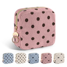 Playexen Corduroy Small Makeup Bag, Mini Cosmetics Bag for Purse, Travel Makeup Pouch with Ring Buckle & Inner Pockets for Women (Polka Dots-Pink)