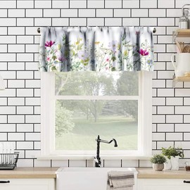 Flower Curtain Valance, Wild Flowers Spring Watercolor Flower Floral Print Plants Short Rod Pocket Window Treatment for Kitchen Bathroom Bedroom,1 Panel, 52" X 18"