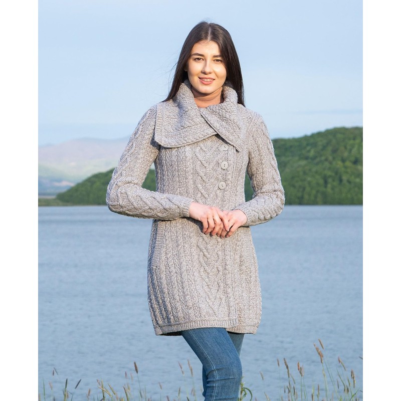 SAOL 100% Irish Merino Wool Women Classic Cable Coat (Grey,