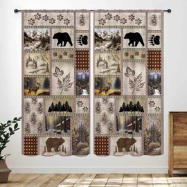 Rustic Cabin Kitchen Curtains,Country Lodge Bear Deer Wildlife Fall Forest Animal Farmhouse Vintage Brown Window Drapes Treatments for Bedroom Living Room 2 Panels,42X45 Inch