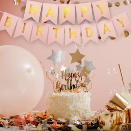 Bighan 5M Happy Birthday Banner Birthday Garland Party Decorations Birthday Signs Hanging Decor Kids' Birthday Party Banners, Pink