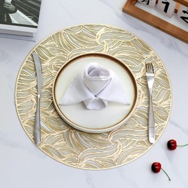 ANAZOZ Round Placemats Set of 6,Placemat PVC 14.97 IN,Round with Leaf Pattern Gold Placemat Small