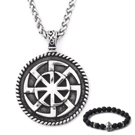 BAVIPOWER Viking Sun Wheel Shield Pendant Stainless Steel Keel Chain Norse Necklace for Men Women Nordic Pagan Jewelry Strong Protection