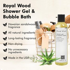 Nabila K Shower Gel & Bubble Bath - Body Wash for Men & Women - Non-Drying Formula with Jojoba, Aloe Vera, And Vitamins C, E & D - Naturally Derived Ingredients - Royal Wood - 9 oz