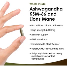 Ashwagandha KSM-66 and Lions Mane Capsules - High Strength 2000mg KSM-66 Ashwaghandha Root Extract and Lions Mane Mushroom Extract - 120 Vegan Capsules with Black Pepper - UK Made by New Leaf