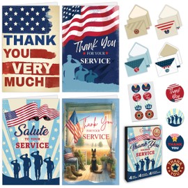 Decorably 8 Pack Thank You for Your Service Cards for Veterans with Envelopes & Stickers - 4 Designs Printed Message Inside Patriotic Cards with Envelopes, 5x7in Veterans Day Cards