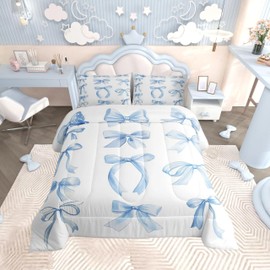 Feelyou Bowknot Comforter Set Twin Size Watercolor Bow Comforter for Boys Girls Teens Cartoon Bowknot Bedding Set Dreamy Princess Style Duvet Set Sky Blue Quilt Set