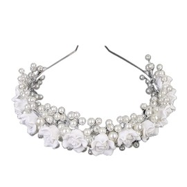 BERYUAN Elegant Pearls Flowers Hair Tiara White Flowers Pearls Wedding Headpiece Dainty Pearls Flower Bridal Headband Silver Wedding Hair Accessories Pearls Tiara for Wedding Women Girls