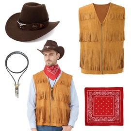 Hislovy Cowboy Costume Men's Western Cowboy Outfit with Hat Bandana Necklace for Wild West Hippie Party, Khaki, M