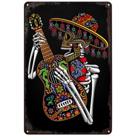 SREELEATHERS - Cartel de metal clásico, diseño de esqueleto mexicano, para tocar la guitarra, cartel de estaño del Día de los Muertos, diseño de calavera de México, placa de decoración para el hogar,
