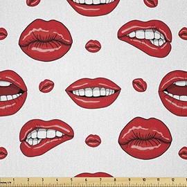 Ambesonne Vintage Fabric by The Yard, Various Women Lip Forms in Several Gestures Sad Nervous Happy Female Print, Microfiber Fabric for Arts and Crafts Textiles & Decor, 2 Yards, White Vermilion