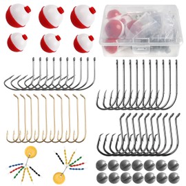 Fishing Bobbers Tackle Kit, 63pcs Basic Bobbers and Hooks Assortment with Bobber Stoppers Circle Octopus Hooks Sinkers Starter Kit for Freshwater Saltwater Bass Trout Panfish