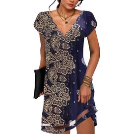 kipfall Summer Dresses for Women Petal Short Sleeve V-Neck Beach Dress Floral Print Dressy Casual Sun Dresses