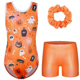 BAOHULU 3 Piece Gymnastics Leotards with Shorts for Girls Dance outfit with Free Srunchie Set KHB351_Orange_10A