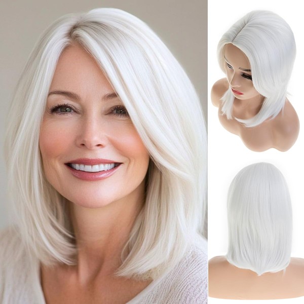 RicHyun Short Straight White Wigs for Women Synthetic Natural Shoulder