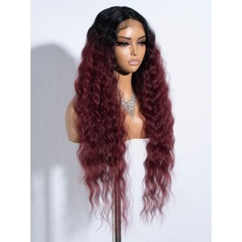 Joedir Lace Front Wig Long Wavy Wigs for Women 30 Inches Deep Part Cury Wave Wig Natural Looking Synthetic Heat Resistant Fiber Wig for Daily Party Use Ombre Burgundy