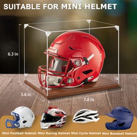GYaozii Mini Helmet Display Case, UV Protection Thickened Clear Acrylic Souvenirs and Collectibles Box, 1/2 Football Baseball Helmet Showcase with Solid Wood Base for Sports Enthusiast