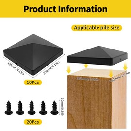 Post Caps, Plastic Post Cap, 10 x 10 cm, Black Fence Post Caps, Waterproof Patio Post Cap, Matte Surface, Pyramid, Square Fence Post Caps with 15 Screws, Post Cover