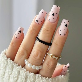 24 piezas de uas postizas de corazn negro, lunares, cubiertas completas artificiales elegantes, se pegan en prensa corta