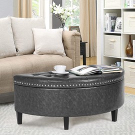 Joveco 43.5" Storage Bench Half Moon Tufted Ottoman with Rivet Storage Room Organizer for Living Room Bedroom Entryway- Waterproof Distressed Faux Leather (Gray)