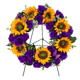 SUHOOKOO Cemetery Wreaths for Grave Decoration,Golden Sunflower and Purple Rose, Headstone Wreath with Gravestone Flower Holder