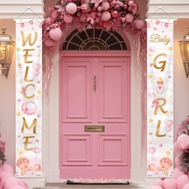 MEHOFOND Welcome Baby Girl Porch Banner Decor, Welcome Baby Girl Hanging Door Banner ender Reveal Baby Shower Door Sign Party Decoration Inside Outside